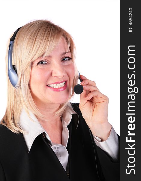 Middleaged woman with headset on white 2. Middleaged woman with headset on white 2