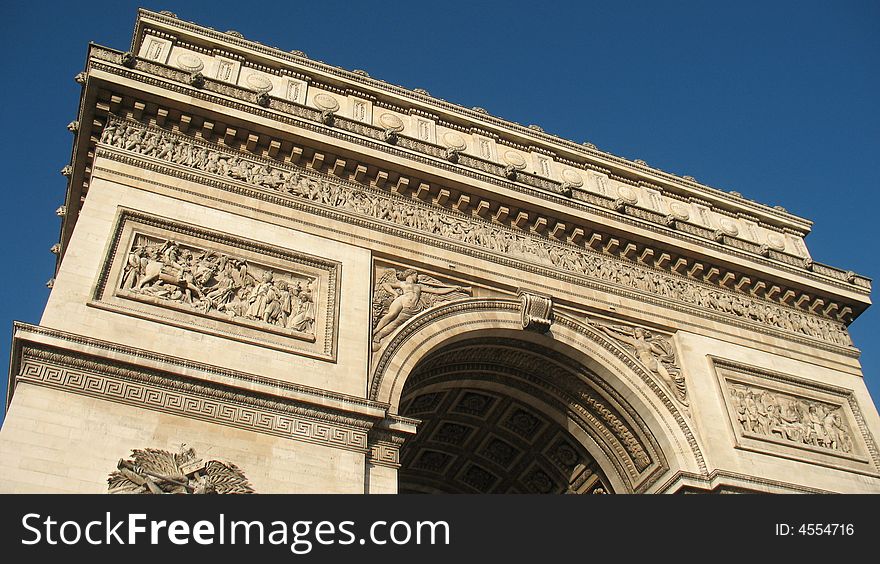 An angled view of the Arc of Triumph in Paris, France