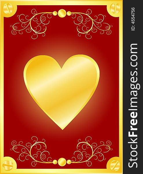 Red Valentines Day background with gold heart and floral elements.Additional vector format in EPS (v.8).