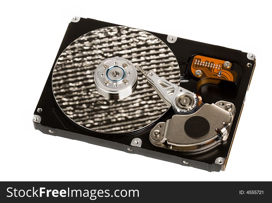 Isolated opened hard disk drive with white background