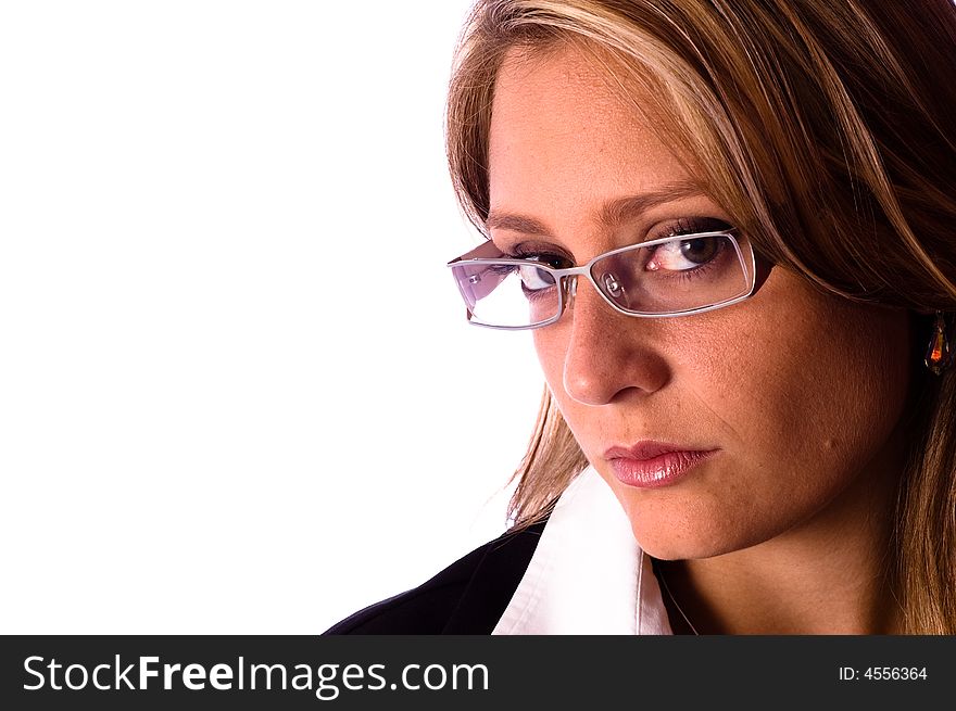 Beautiful woman look to the camera on the white background. Beautiful woman look to the camera on the white background