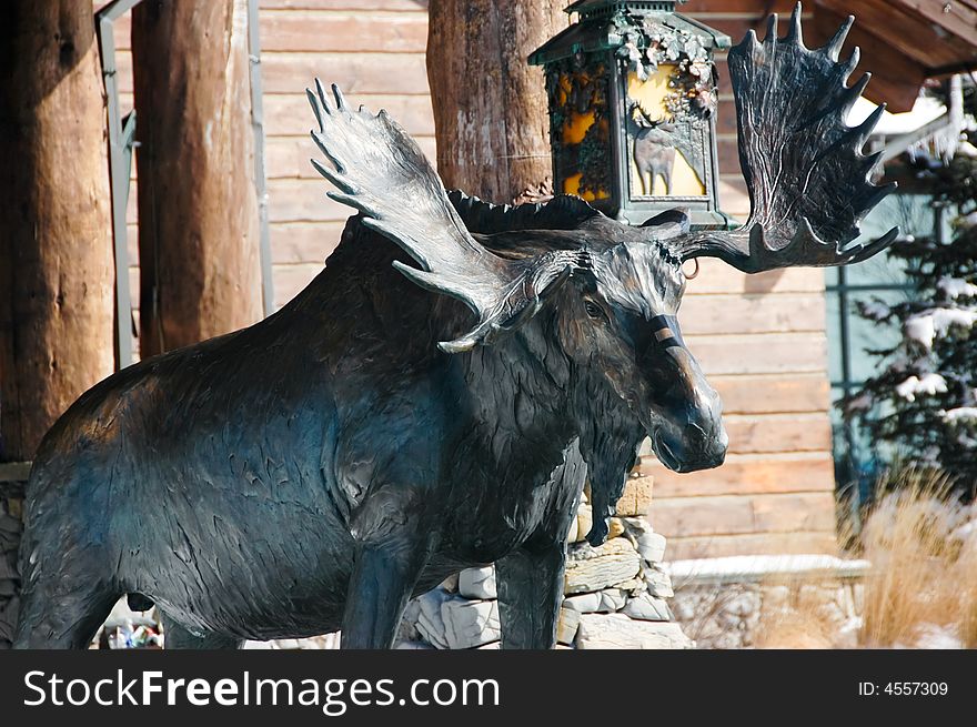 Moose sculpture in front of a resort. Moose sculpture in front of a resort