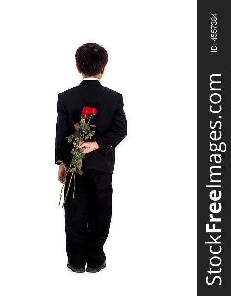 Romantic young man with three red roses