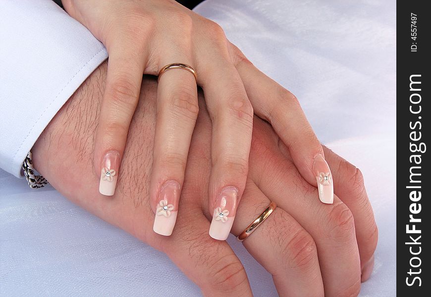 Hands of a man and woman with wedding rings