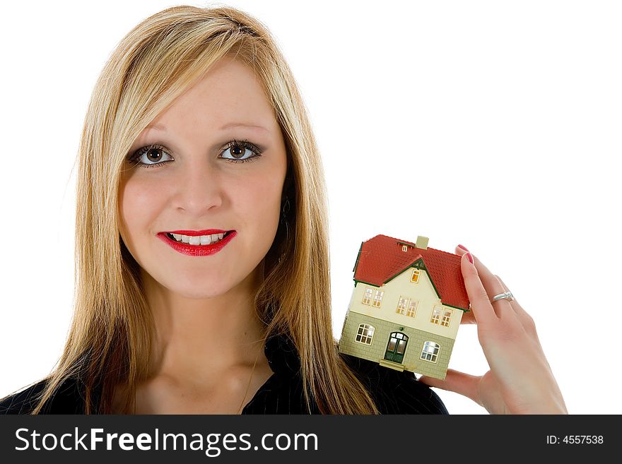 Business woman advertises real estate on white background