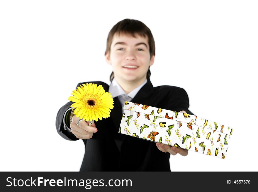 Boy With A Gift On The White Background