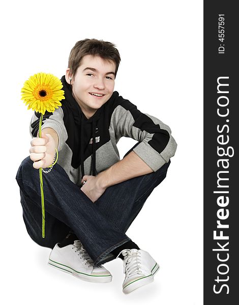 Boy With A Gift On The White Background