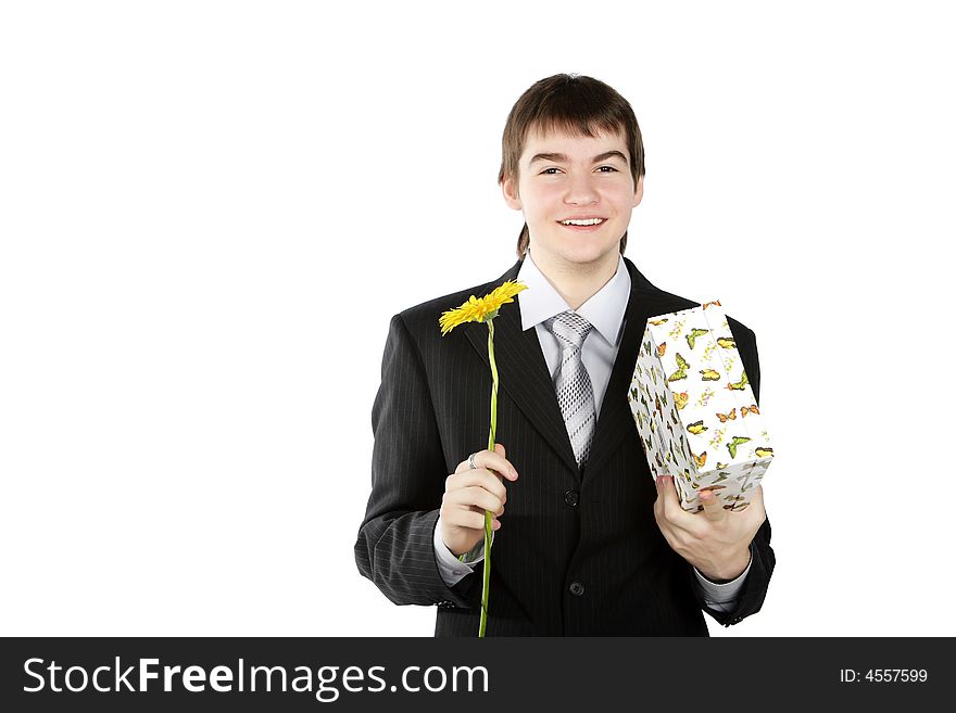 Boy With A Gift On The White Background