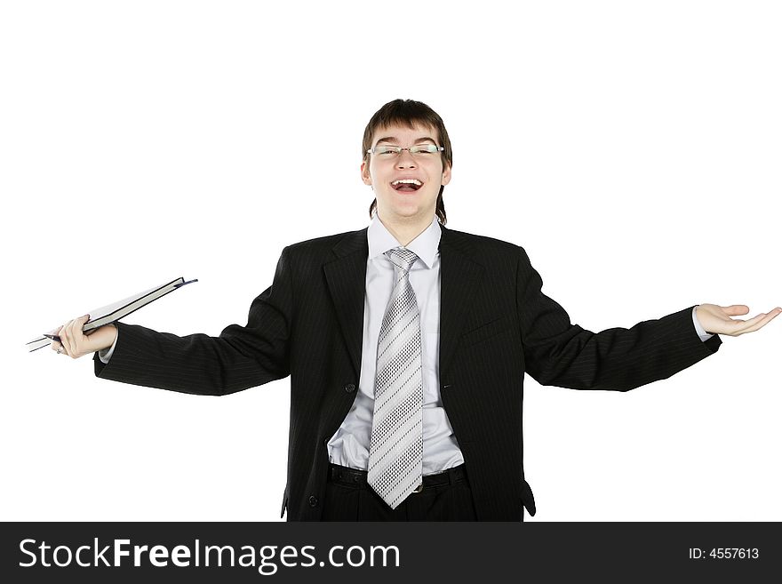 Young happy successful businessman or student, isolated. Young happy successful businessman or student, isolated