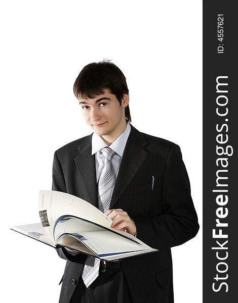 The young student with the book isolated on a white background