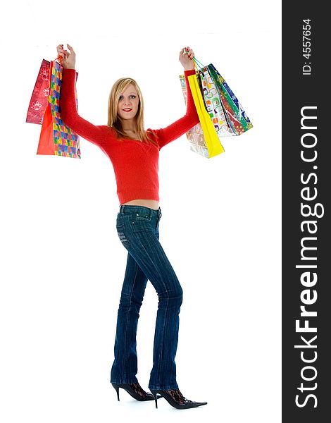 Expressive woman  on white background  shopping. Expressive woman  on white background  shopping