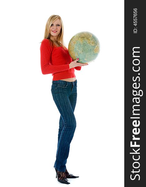 Young woman with  globe on  white  background