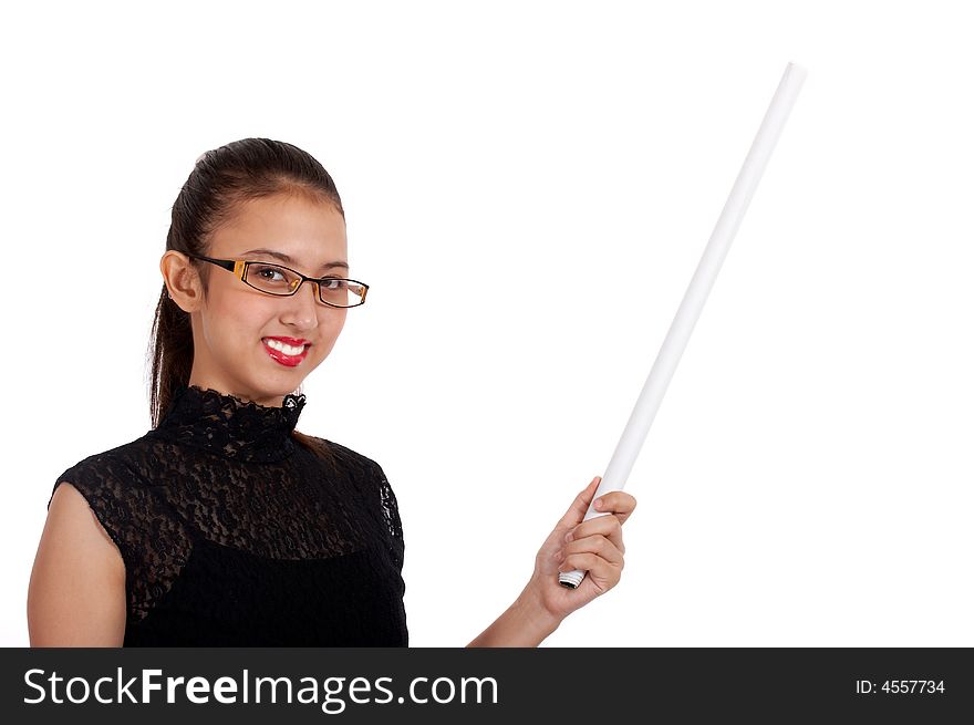 Young instructor holding white stick on white background. Young instructor holding white stick on white background
