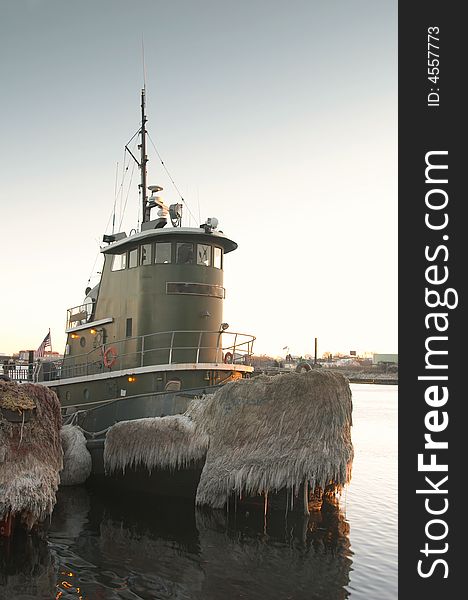 Tugboat docked in harbor in Providence, Rhode Island