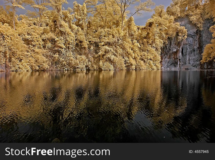 Infrared Photo â€“ Lake, Rock, And Tree In The Par