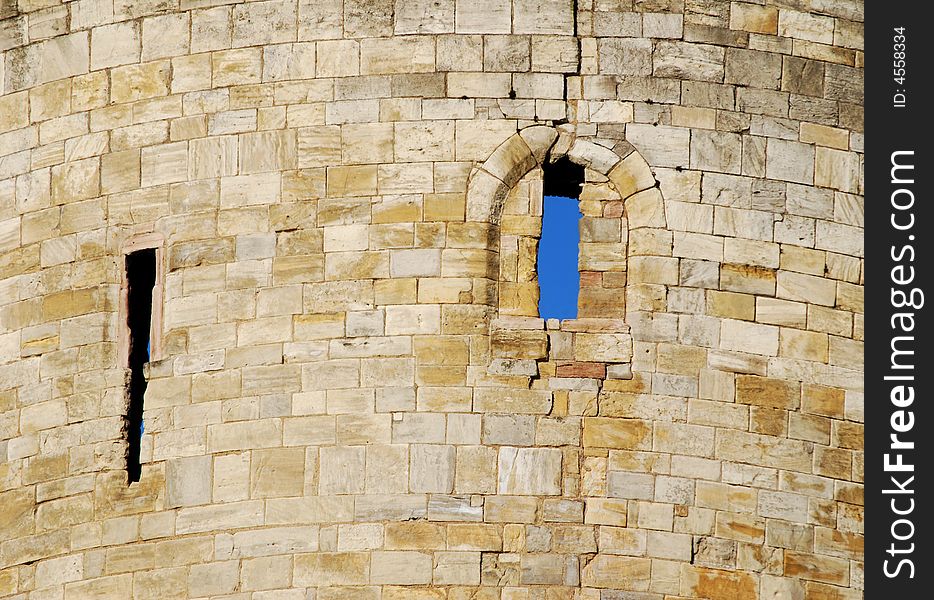 Close-up of stone work on castle wall. Business concepts: stonewalled, obstruction, problem.