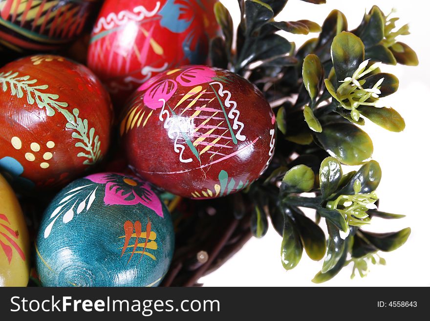 Colorful easter eggs closeup isolated on white