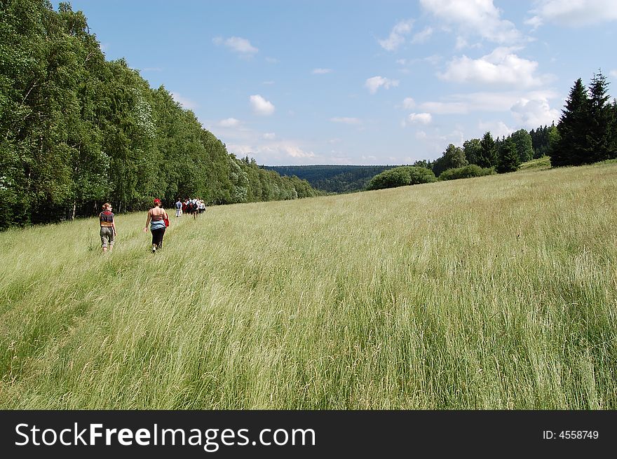 Meadow in the Stolowe mountains in south-west Poland. Tourists walking on the back right plan. Meadow in the Stolowe mountains in south-west Poland. Tourists walking on the back right plan.