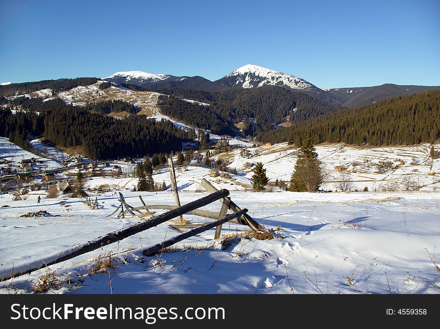 Snow-covered mountains in Carpathians on Ukraine