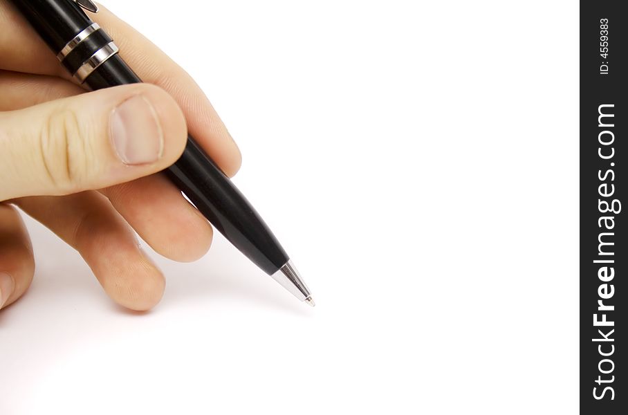 Businessman hand with pen on white