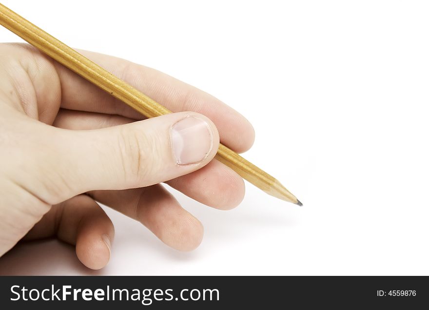 Businessman hand with pencil on white