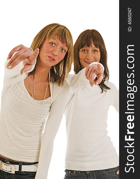 Two adult sisters show with fingers to the camera. Two adult sisters show with fingers to the camera