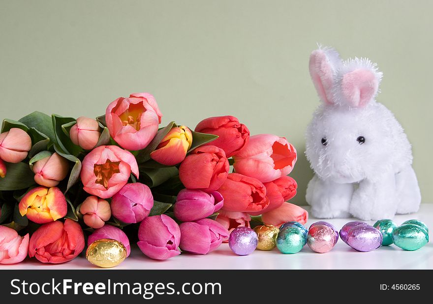 Easter: colorful tulips, rabbit, & eggs. Easter: colorful tulips, rabbit, & eggs