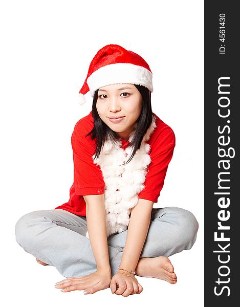 Beautiful asian Santa Claus woman smiling isolated on white. Beautiful asian Santa Claus woman smiling isolated on white