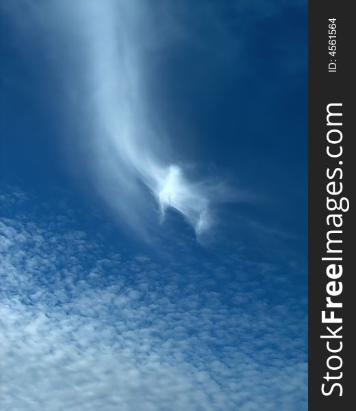 Clouds with the sign of changing weather. In the center of image is a cirrus uncinus and in the bottom are cirrus fibratus. Clouds with the sign of changing weather. In the center of image is a cirrus uncinus and in the bottom are cirrus fibratus.