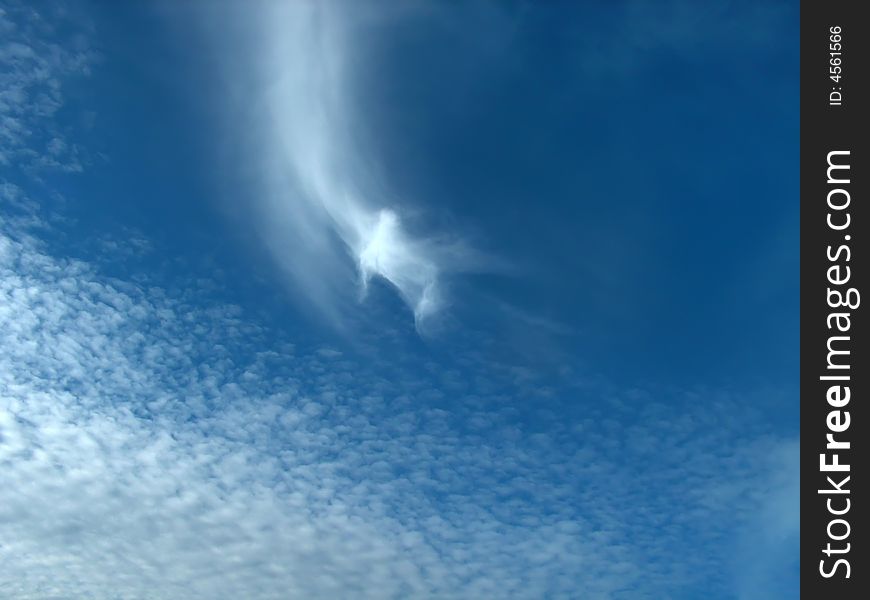 Clouds with the sign of changing weather. In the center of image is a cirrus uncinus and in the bottom are cirrus fibratus. Clouds with the sign of changing weather. In the center of image is a cirrus uncinus and in the bottom are cirrus fibratus.