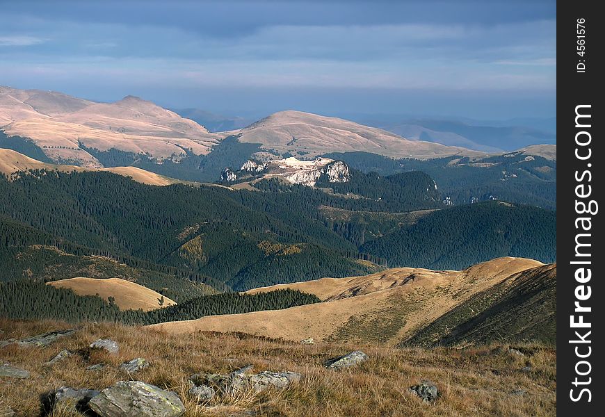 Fromt Leaota summit (2133 m) you can see the south part of Bucegi (Furnica and Vanturis peaks) in Carpathians. Fromt Leaota summit (2133 m) you can see the south part of Bucegi (Furnica and Vanturis peaks) in Carpathians.