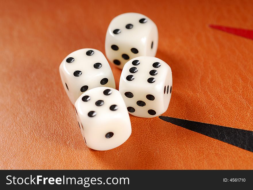 Two white cudes on backgammon desk. Two white cudes on backgammon desk