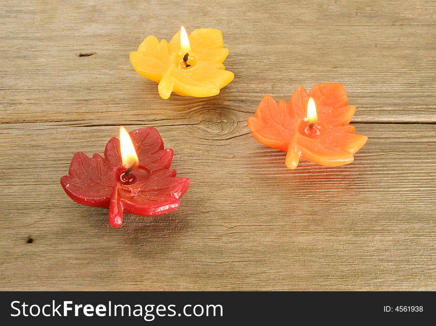 Three leaf shaped candles on wood. Three leaf shaped candles on wood