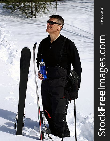 When Spring skiing in the sun, it is important to stay well hydrated. Backcountry telemark skiing, Ontario. When Spring skiing in the sun, it is important to stay well hydrated. Backcountry telemark skiing, Ontario