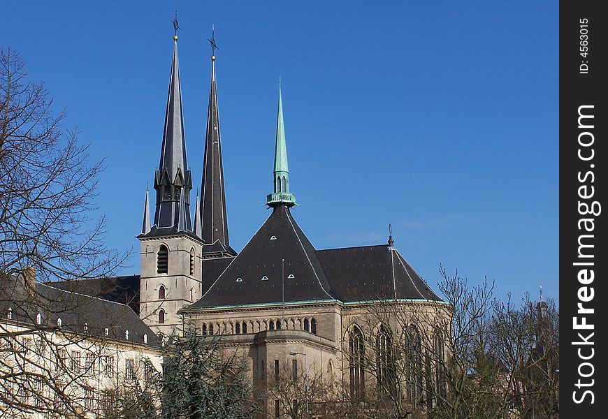 The biggest cathedral of the luxembourg under the blue sky. The biggest cathedral of the luxembourg under the blue sky