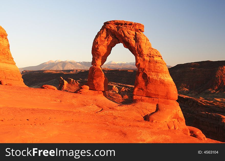 View on Delicates Arch in sunset in fall. View on Delicates Arch in sunset in fall