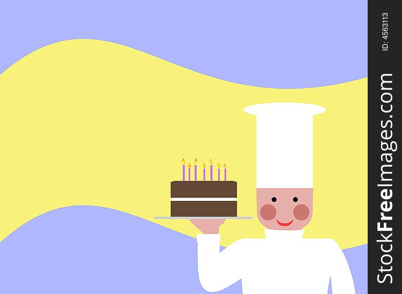 Illustration of a chef holding a cake with candles. Illustration of a chef holding a cake with candles