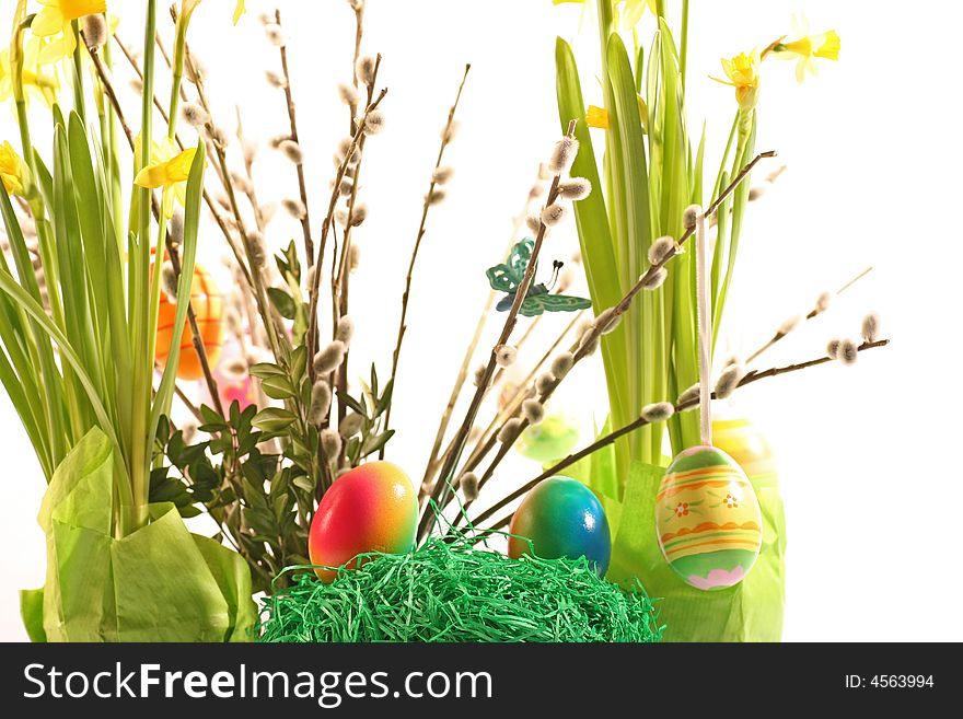 Easter floral arrangement on a withe background. Easter floral arrangement on a withe background.