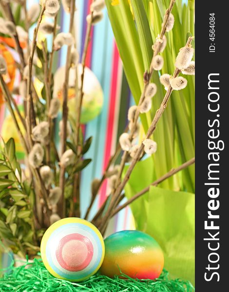 Easter floral arrangement on a coloured background. Easter floral arrangement on a coloured background.