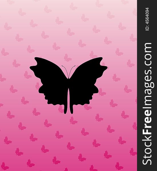 Illustrated silhouette butterfly over a gradient pink background. Illustrated silhouette butterfly over a gradient pink background