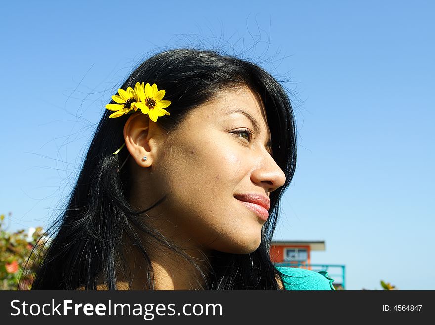 Woman Headshot Isolated On Blu