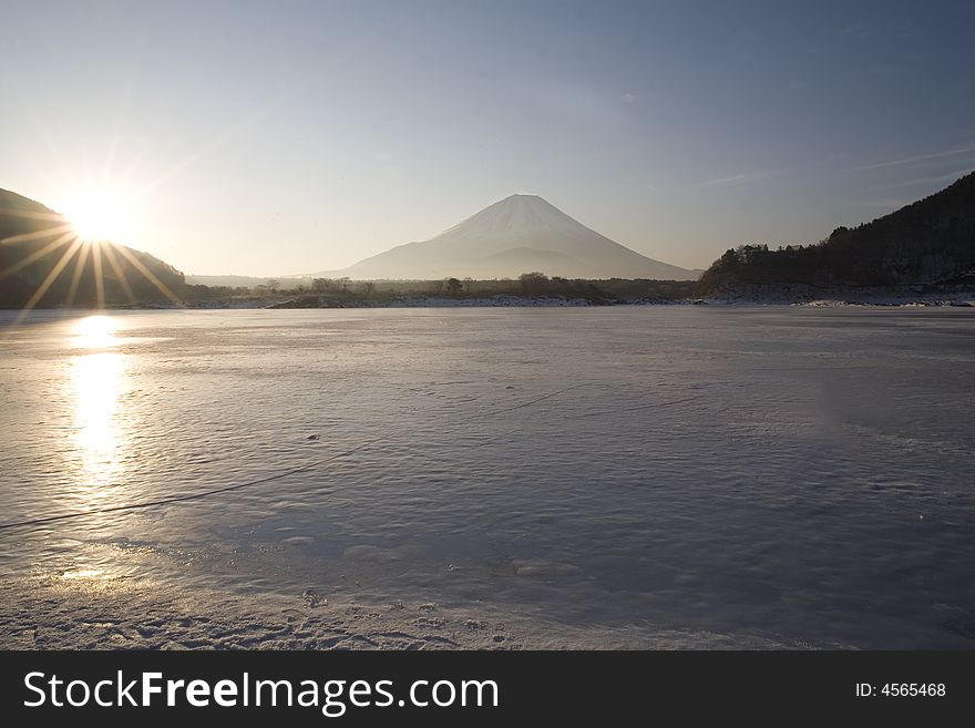 Mt,Fuji cold ice morning on the lake. Mt,Fuji cold ice morning on the lake