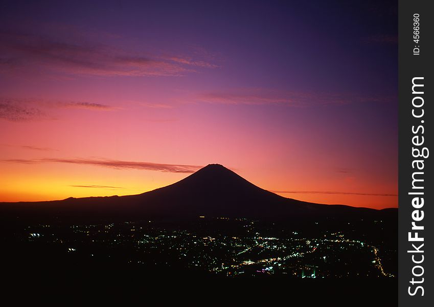 Spectacularly glowing red sky over Mount Fuji. Spectacularly glowing red sky over Mount Fuji