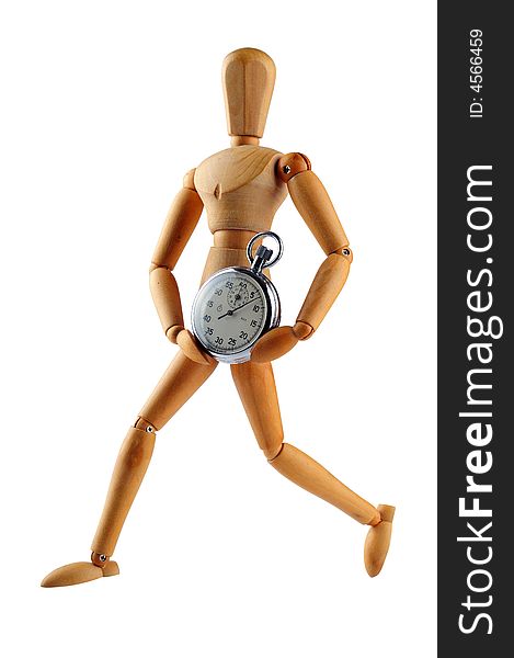 Wood man running with stop watch, studio shot with clipping path