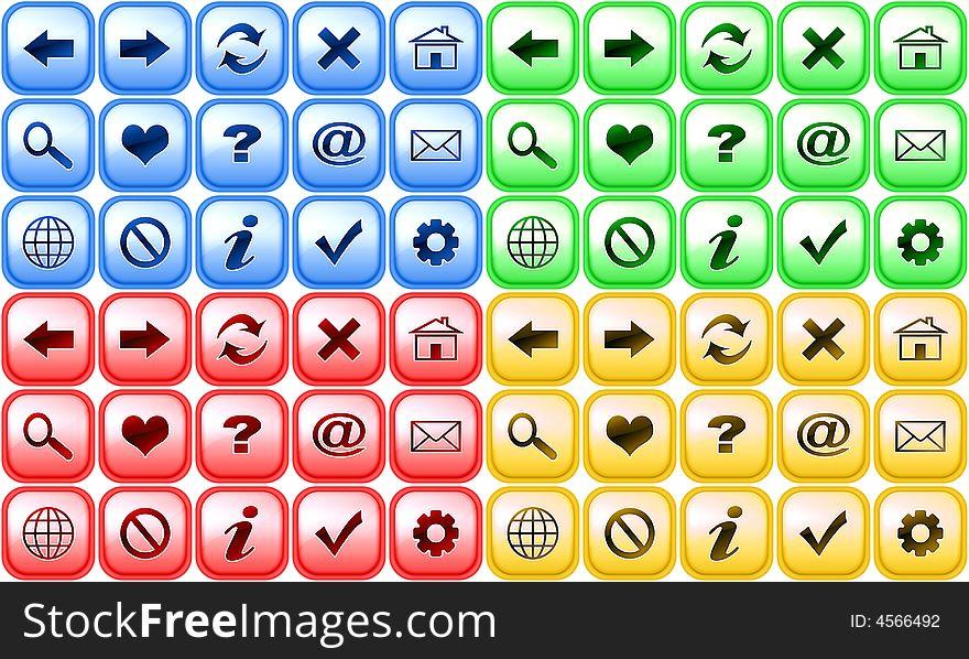 Set of blue, red, yellow and green buttons for internet browser. Set of blue, red, yellow and green buttons for internet browser