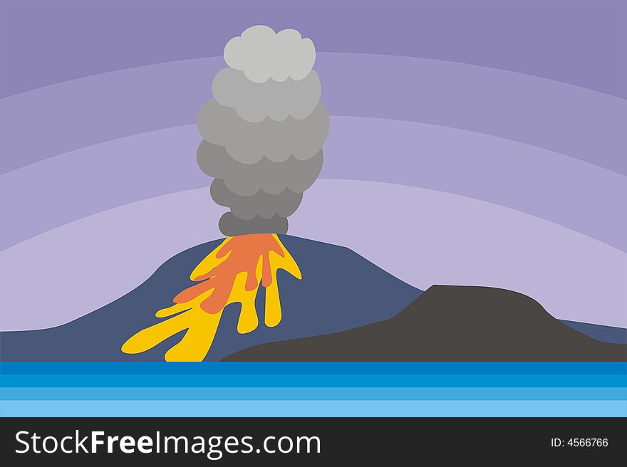 Art illustration: landscape with a volcano