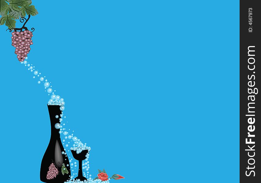 Blue background showing a cluster of grapes dripping into a bottle of wine then into a wine glass and the on the rose and rosebud
