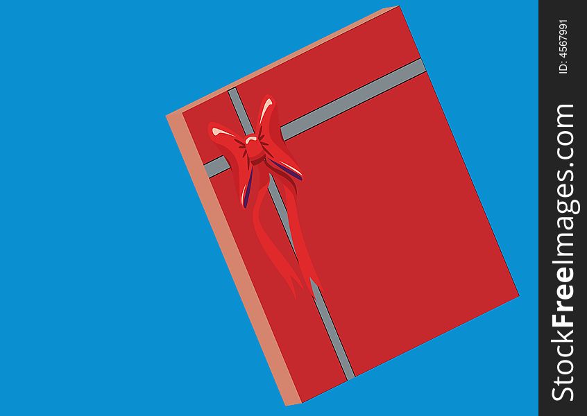 Blue background with a red Christmas gift box with ribbon and bow