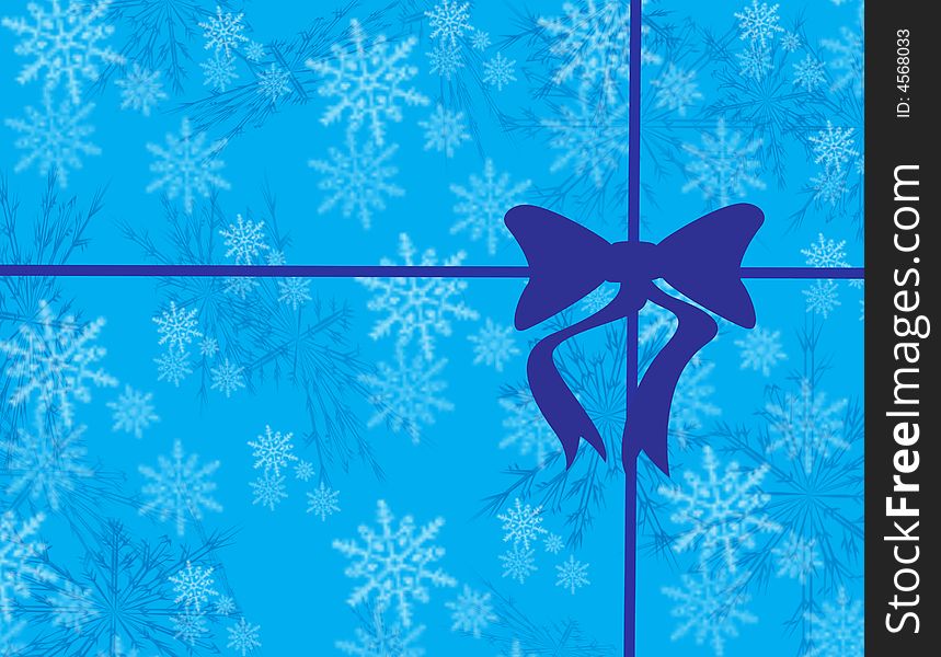 Blue background with colorful snowflakes with a ribbon and bow. Blue background with colorful snowflakes with a ribbon and bow