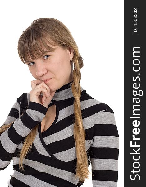 Girl with pigtail on white background